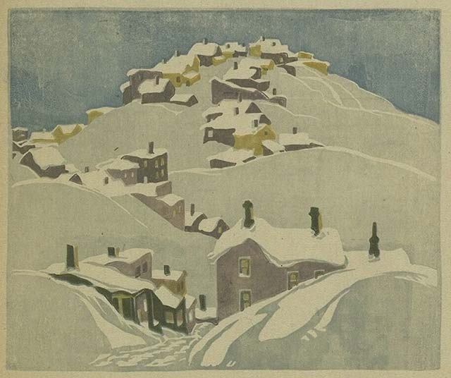 Houses, Cobalt, Franklin Carmichael, c. 1931-1932. Linocut